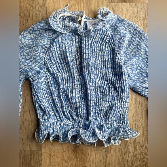 C/MEO Collective Blue White Floral Pleated Long Sleeve Ruffle Hem Blouse XS boho - Picture 2 of 5